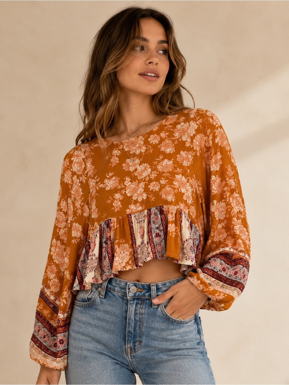 Jolt XS Boho Floral Mixed Print Ruffle Hem Crop Blouse Burnt Orange